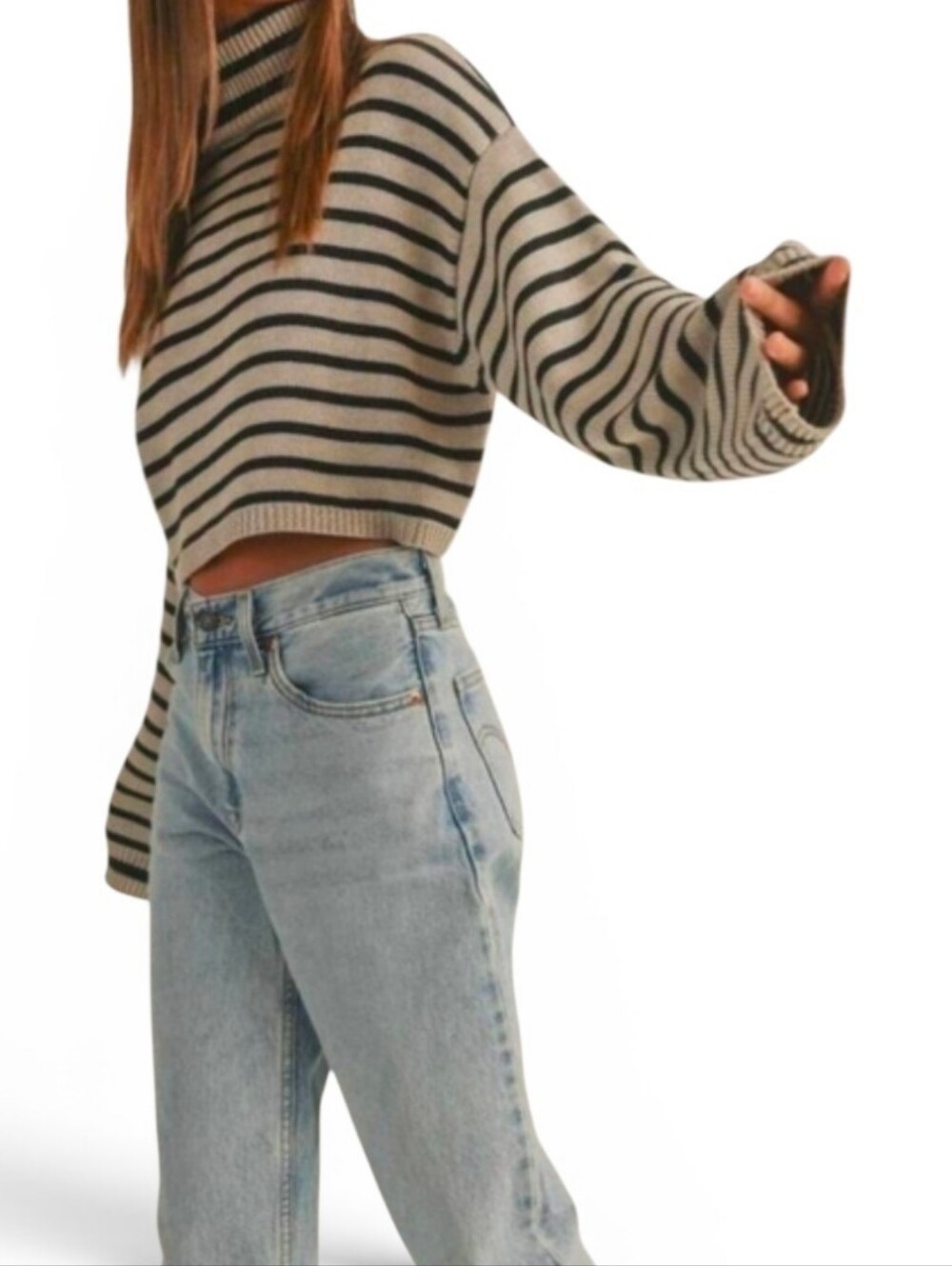 MIOU MUSE Striped Turtleneck Cropped Knit Sweater - Small